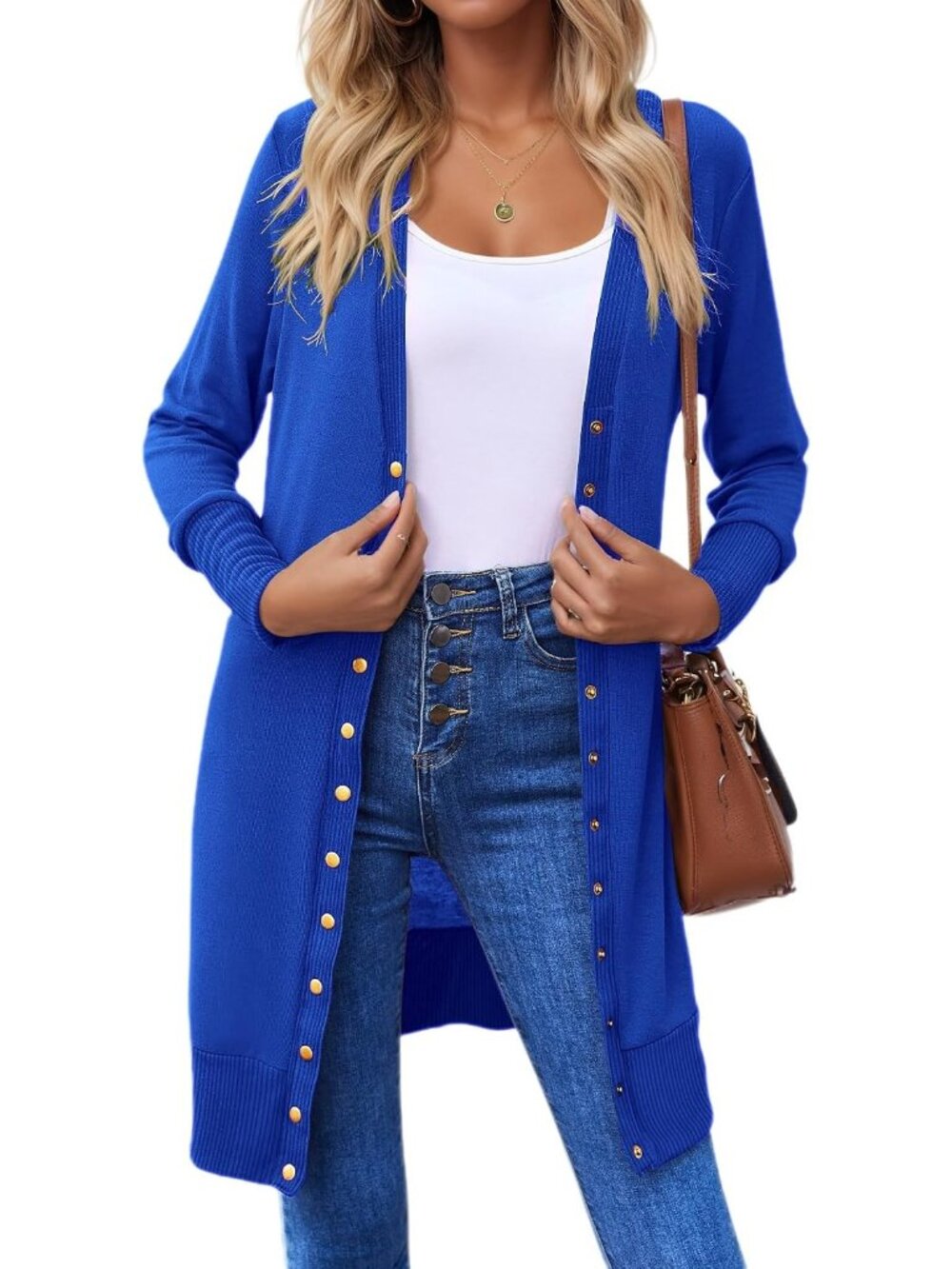 Women's Royal Blue Button Down Long Sleeve Lightweight Casual Cardigan Sweaters
